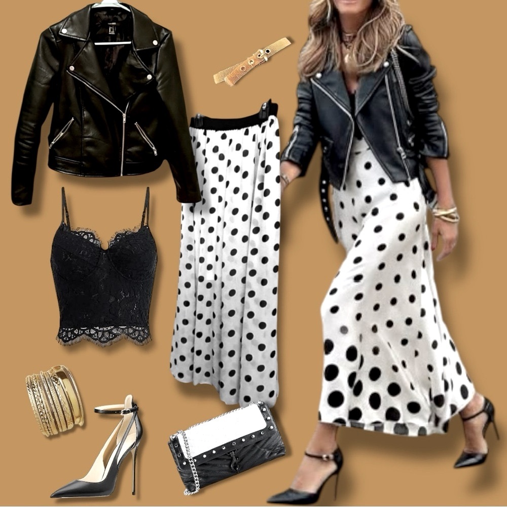 Skirt Chic White Black Polka Dot Chiffon Maxi Flowy & Feminine Semi Sheer - S